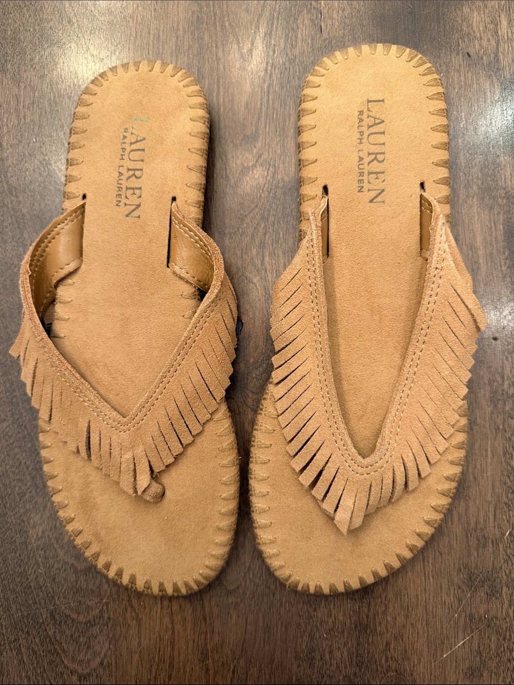 NWOT Ralph Lauren Tan Suede Fringe Flip Flop Sandals